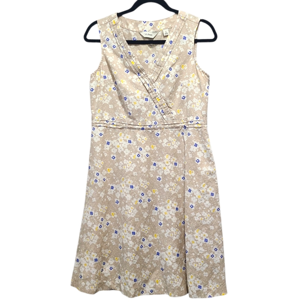 Ll Bean Linen Blend Faux Wrap Floral Shift Dress Size 8 Petite Vintage